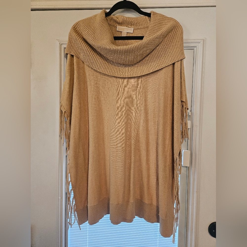 Michael Kors Tan Oversized Cable Knit Poncho with Dramatic Cowl Neck XL - Picture 1 of 7